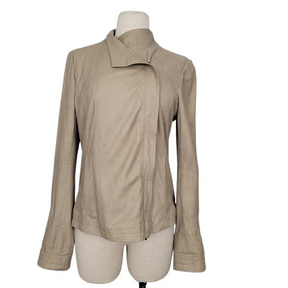 Vince Tan Asymmetric Zip Leather Jacket in Natural Sz M Mock Neck Buttery Soft - Picture 1 of 12